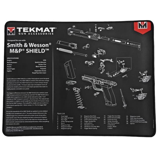 TekMat TEKR20SWMPSHIELD S&W M&P Shield Ultra 20 Cleaning Mat S&W M&P Shield Parts Diagram 15" x 20"