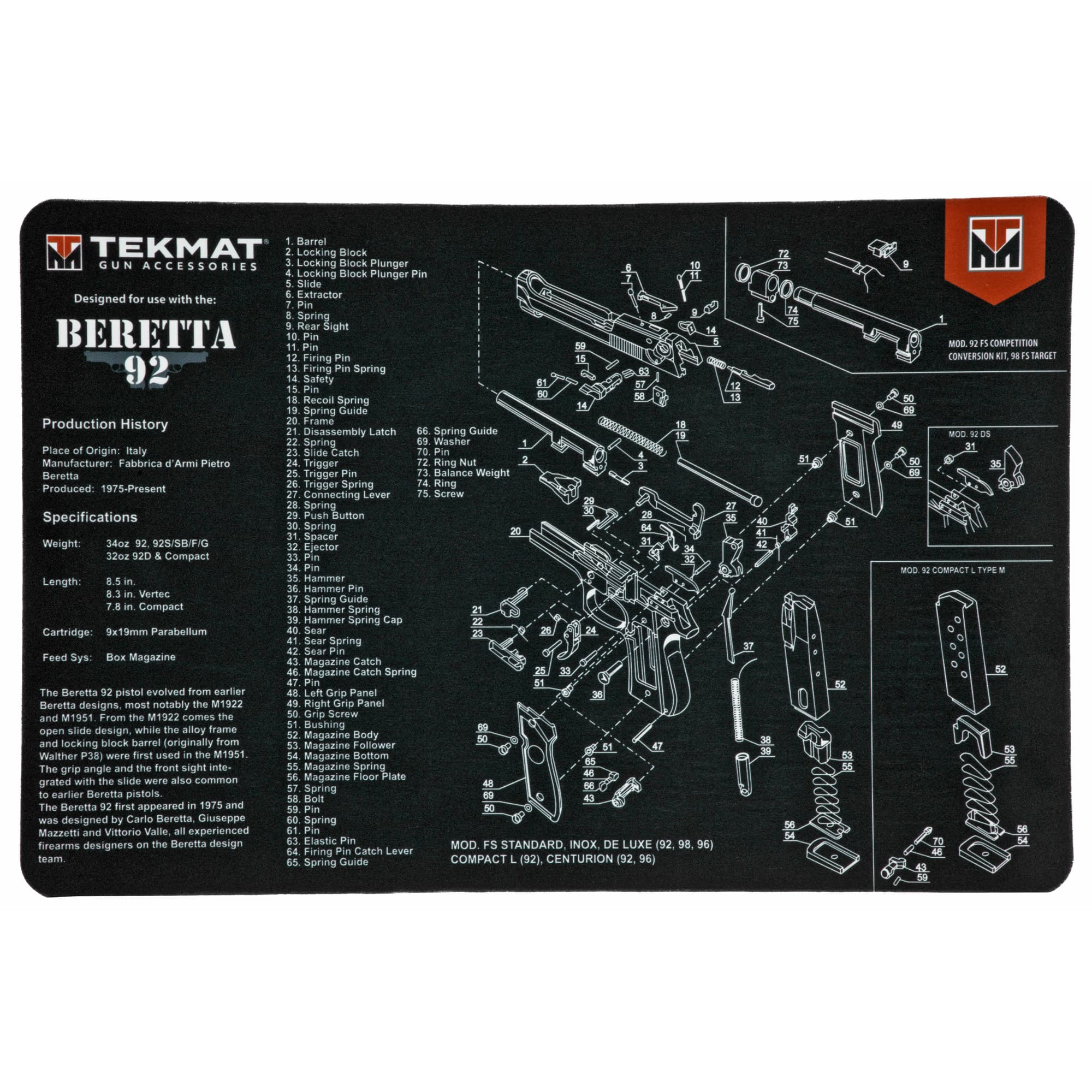 TekMat TEKR17BER92 Beretta 92 Cleaning Mat Beretta 92 Parts Diagram 11" x 17"