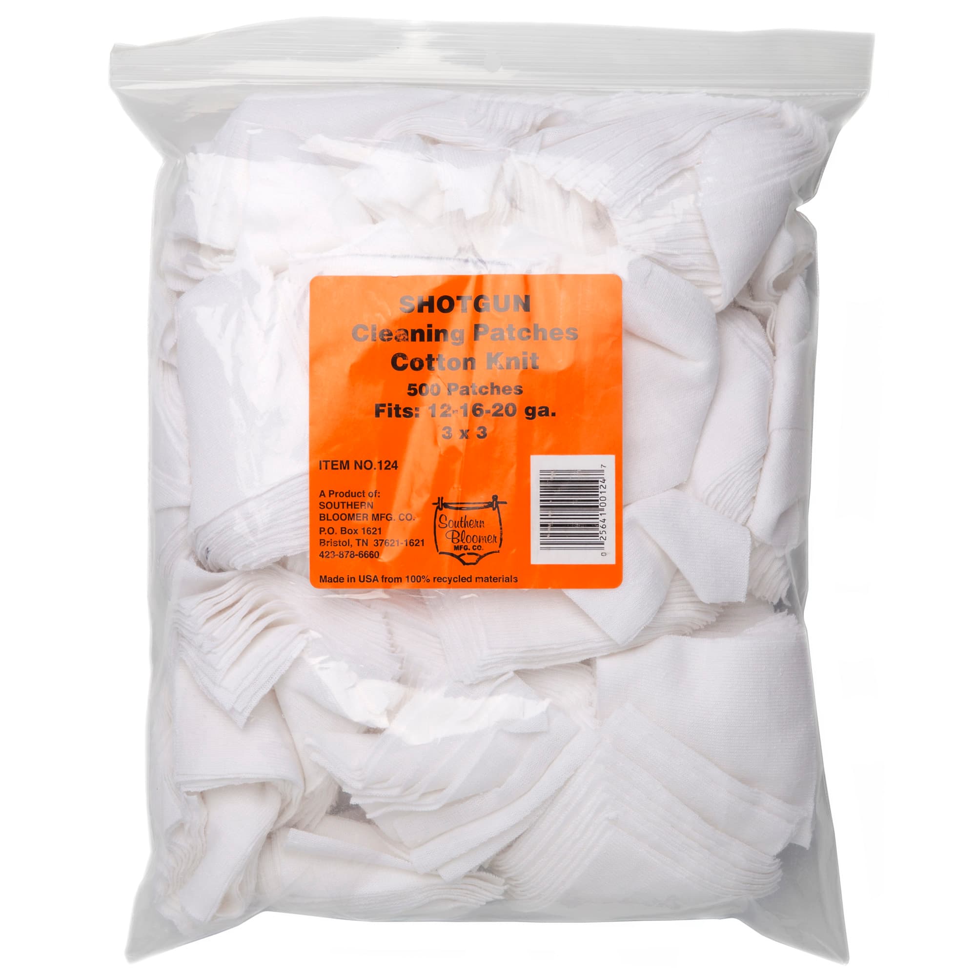 Southern Bloomer 124 Cleaning Patches Shotgun 12ga, 16ga, 20ga Cotton 500 Per Pack