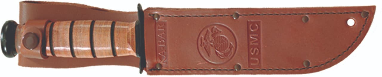 Ka-Bar 1218 USMC Fight/Utility 7" Fixed Clip Point Part Serrated Black 1095 Cro-Van Blade. Brown Leather Handle. Includes Sheath