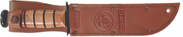 Ka-Bar 1218 USMC Fight/Utility 7" Fixed Clip Point Part Serrated Black 1095 Cro-Van Blade. Brown Leather Handle. Includes Sheath