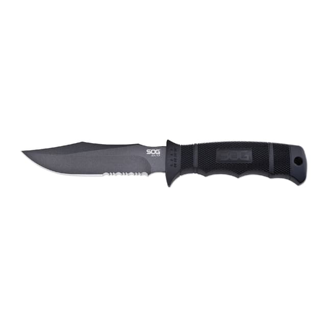 S.O.G SOGM37NCP Seal Pup  4.75" Fixed Clip Point Part Serrated Powder Coated AUS-8A SS Blade Black w/Raised Diamond Pattern GRN Handle Includes Lanyard/Sheath