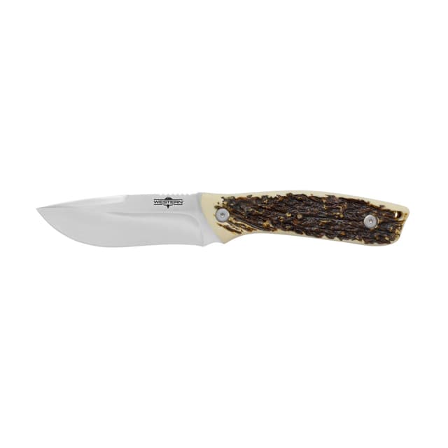 Camillus 19246 Western Crosstrail 4.25" Fixed Drop Point Plain Silver 420 Steel Titanium Bonded Blade, Stag/Antler Delrin Handle, Includes Belt Loop/Sheath