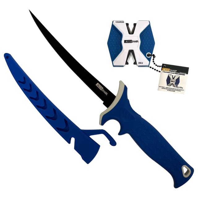 AccuSharp 736C Fillet w/Sharpener  6.50" Fixed Fillet Plain Satin Titanium Coated Stainless Steel Blade/Royal Blue Ergonomic Anti-Slip Rubber Handle Includes 2-Step Sharpener