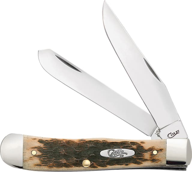 Case 00164 Trapper Medium 3.25"/3.27" Folding Clip Point/Spey Plain Mirror Polished Tru-Sharp SS Blade Peach Seed Jigged Amber Bone Handle