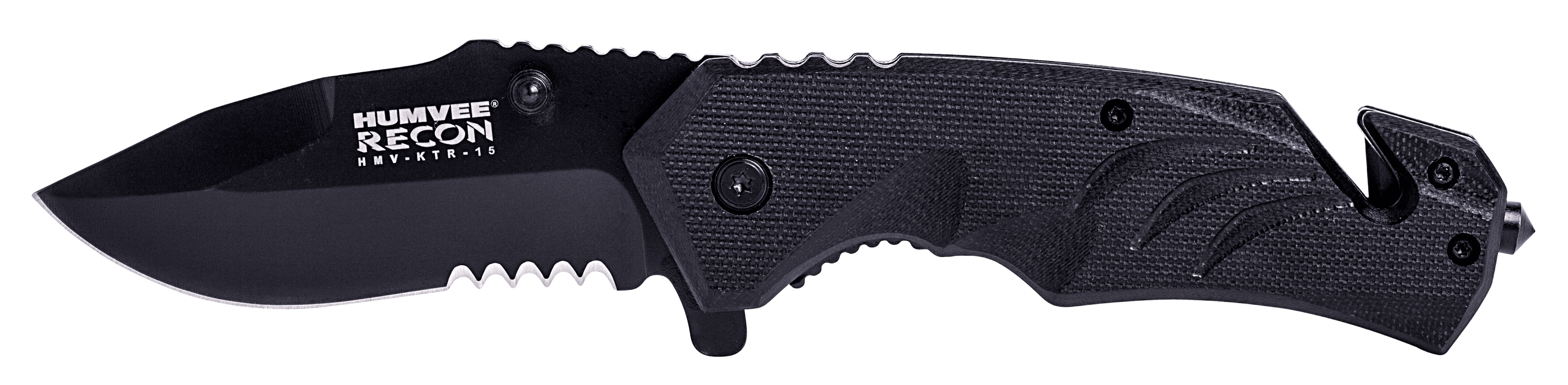 Humvee Adventure Gear HMVKTR15 Tactical Recon  3" Folding Drop Point Part Serrated Black Stainless Steel Blade/Black Textured Features Glass Breaker/Seat Belt Cutter Includes Pocket Clip