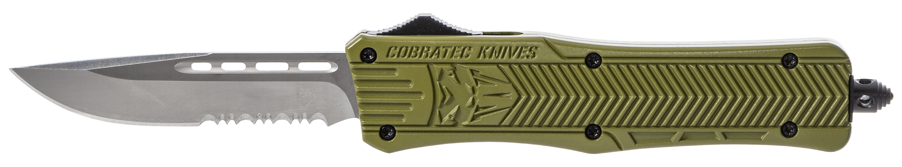 CobraTec Knives MODCTK1MDS CTK-1  Medium 3" OTF Drop Point Part Serrated D2 Steel Blade/OD Green Aluminum Handle Features Glass Breaker Includes Pocket Clip