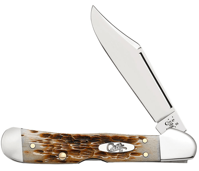 Case 00133 CopperLock Mini 2.72" Folding Clip Point Plain Mirror Polished Tru-Sharp SS Blade/Peach Seed Jigged Amber Bone Handle