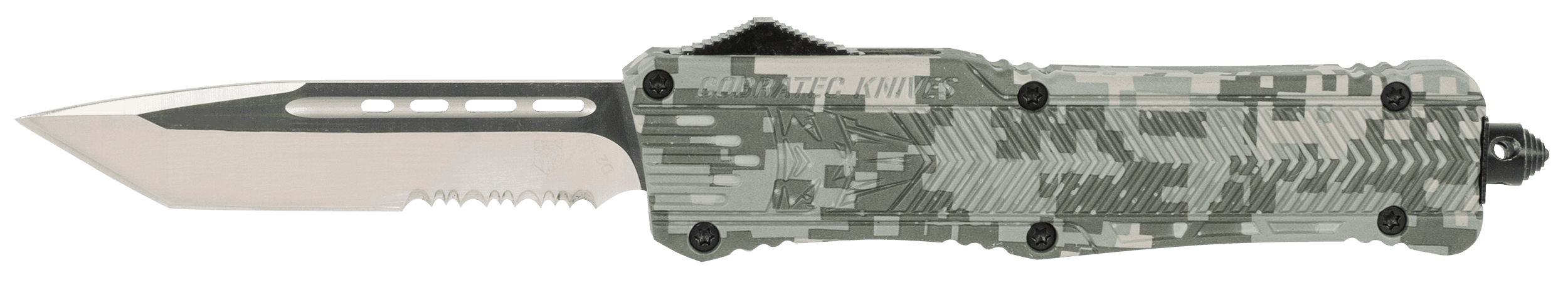 CobraTec Knives LADCCTK1LTS CTK-1  Large 3.75" OTF Tanto Part Serrated D2 Steel Blade/Army DigiCamo Aluminum Handle Features Glass Breaker Includes Pocket Clip