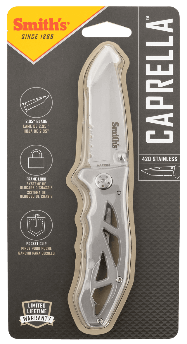 Smiths Products 51009 Caprella  2.95" Folding Drop Point Part Serrated Bead Blasted 400 SS Blade/Silver Skeletonized Stainless Steel Handle Includes Pocket Clip