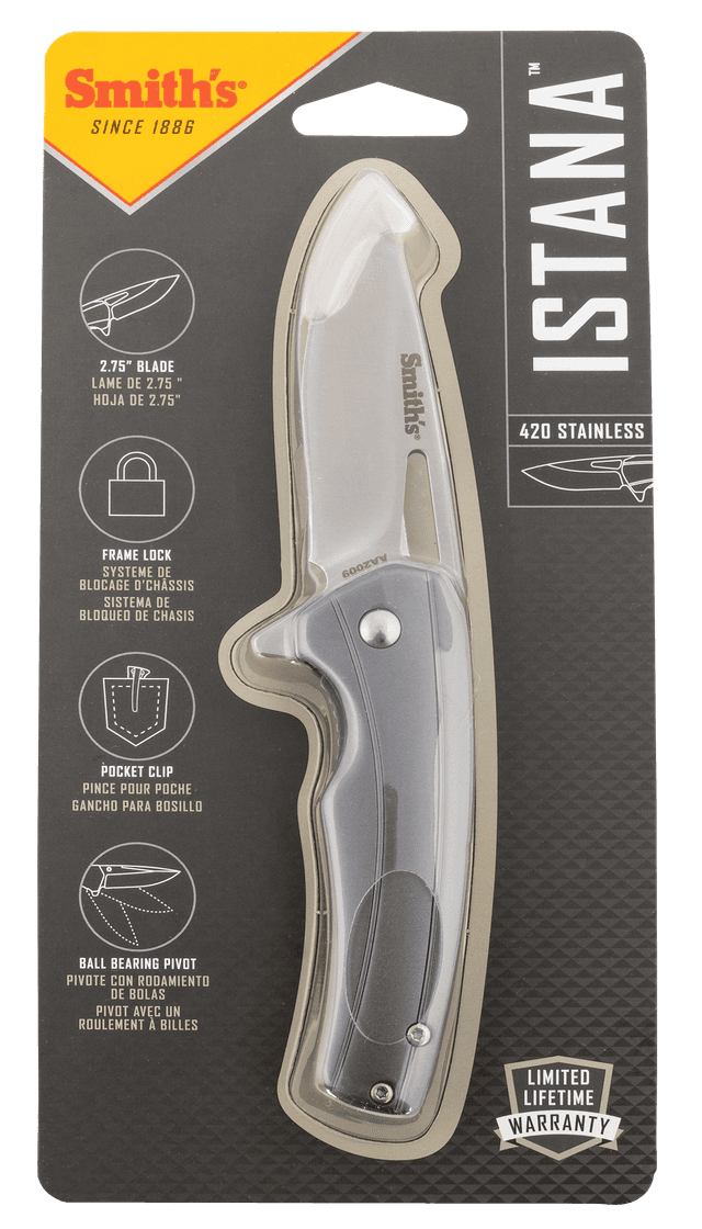 Smiths Products 51246 Istana  2.75" Folding Drop Point Plain Satin 400 SS Blade/Gray Anodized Aluminum Handle Includes Pocket Clip