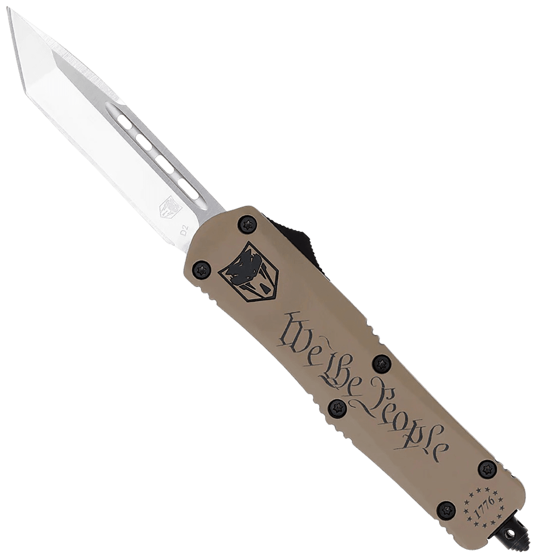 CobraTec Knives SWTPFS3TNS FS-3 We The People Small 2.75" OTF Tanto Plain Aluminum Cerakoted D2 Steel Blade, Tan "We The People" Aluminum Handle