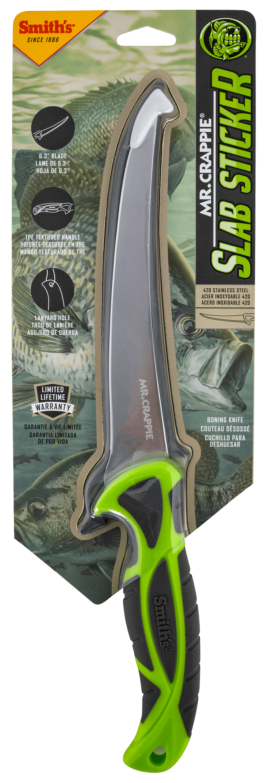 Smiths Products 51208 Mr. Crappie Curved Slab Sticker 6" Fixed Fillet Plain 420HC SS Blade Gray/Green TPE Handle Includes Sheath