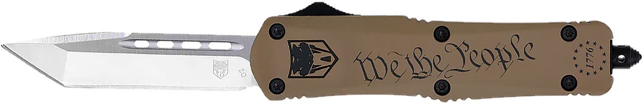 CobraTec Knives MWTPFS3TNS FS-3 We The People Medium 3" OTF Tanto Plain D2 Steel Blade Tan w/"We The People" Aluminum Cerakoted Handle Features Glass Breaker Includes Pocket Clip