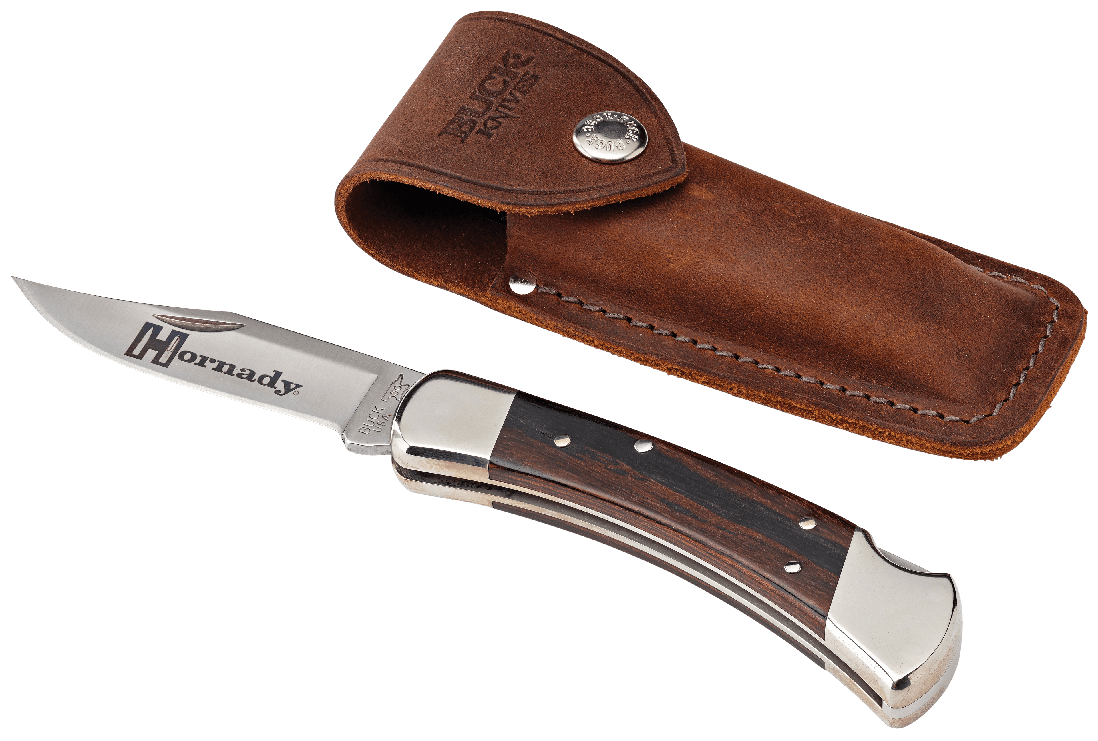 Hornady 99126 Buck 110 Folding Plain 420 Stainless Steel Blade Brown Macassar Ebony Dymondwood w Nickel Plated Bolsters Handle