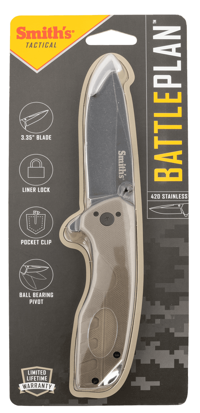 Smiths Products 50995 BattlePlan  3.35" Folding Drop Point Plain Black Stonewashed 400 SS Blade/ Desert Tan G10 Handle Includes Pocket Clip