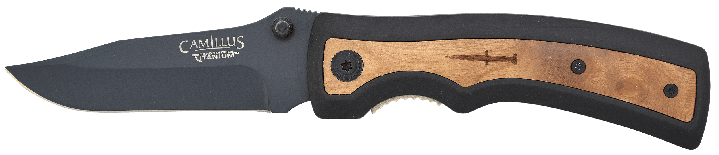 Camillus 19076-001 Slick 3" Folding Clip Point Plain Black Carbonitride Titanium AUS-8A SS Blade, 5" Black Rubber/Wood Handle