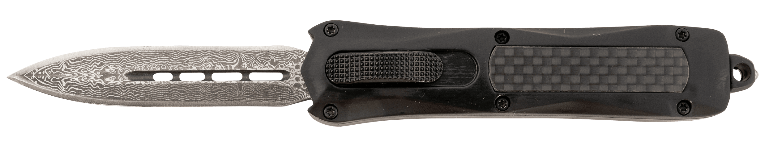 Steel River Knives MA163BDD Spartan  Mini 2.70" OTF Dagger Plain Damascus 440C SS Blade/ Black w/Carbon Fiber Inlay Aluminum Zinc Alloy Handle