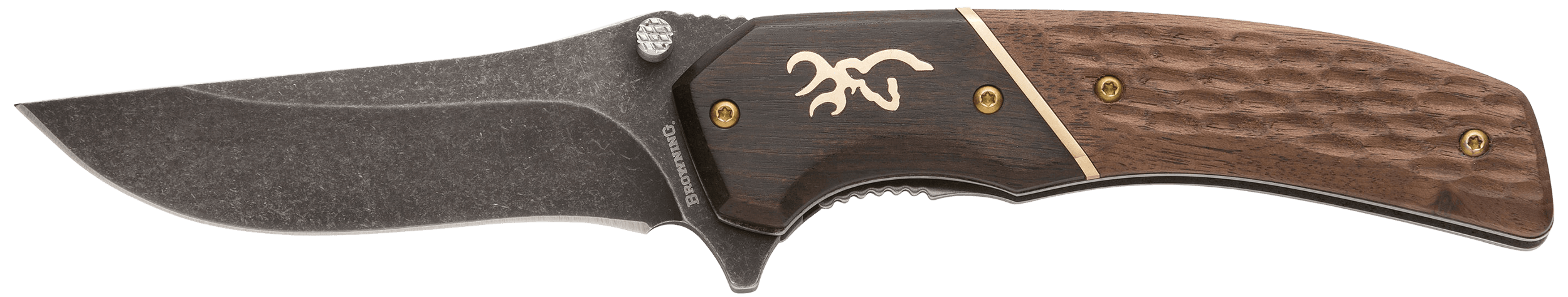 Browning 3220392 Hunter  Large 3.50" Folding Drop Point Plain Black Oxide Stonewashed 440C SS Blade/Brown Jigged Hardwood Walnut Handle Includes Pocket Clip