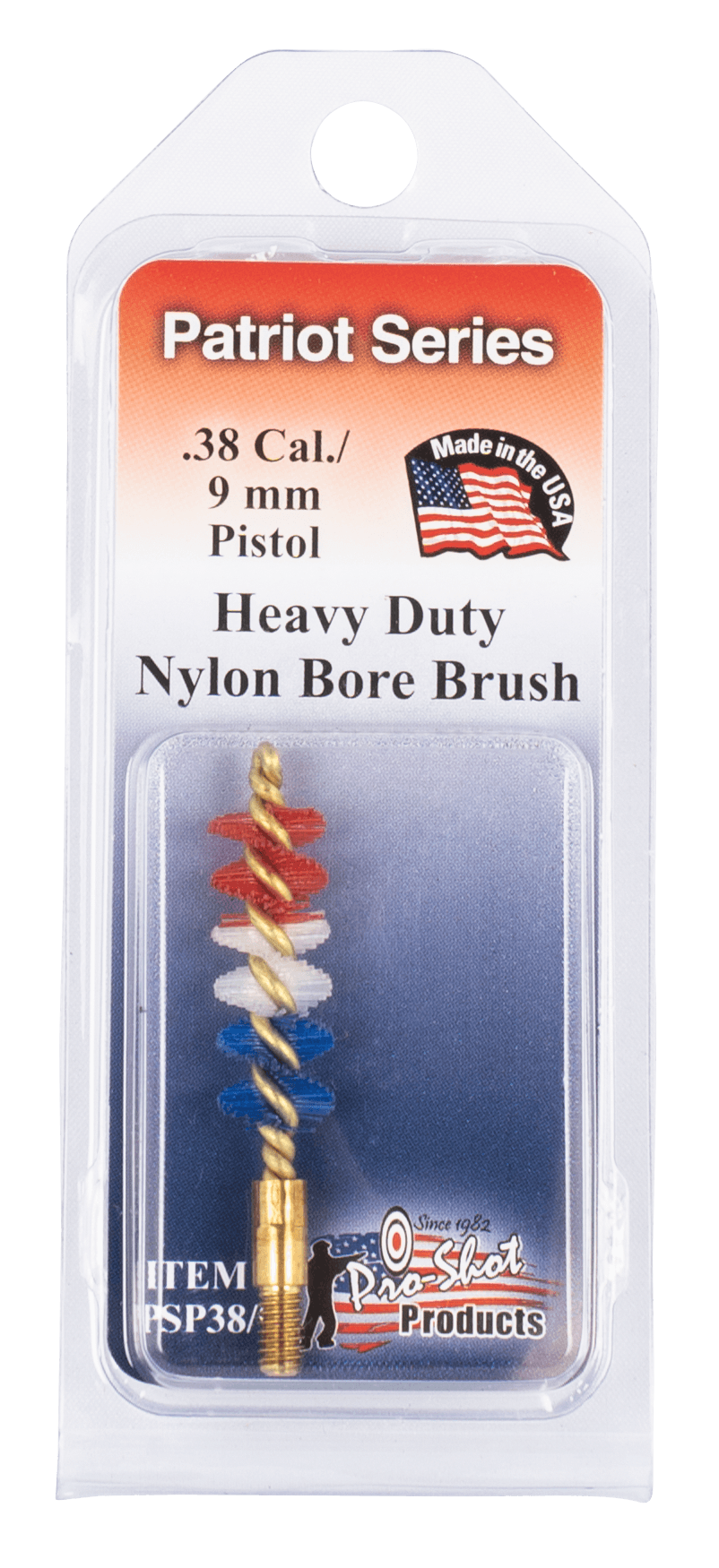 Pro-Shot PSP389 Patriot Series Bore Brush .38 Cal/ 9mm Pistol #8-32 Thread Nylon Bristles Brass Core