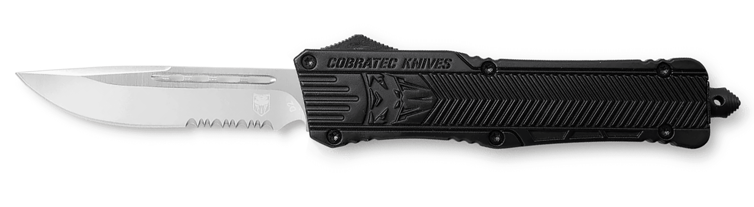 CobraTec Knives LBCTK1LDS CTK-1  Large 3.75" OTF Drop Point Part Serrated D2 Steel Blade/ Black Aluminum Handle Features Glass Breaker Includes Pocket Clip