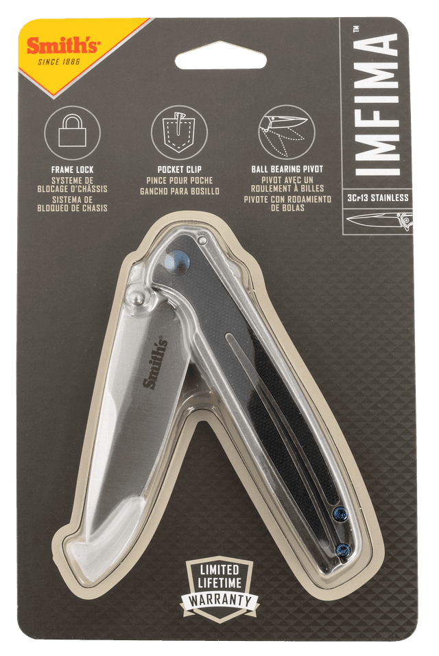 Smiths Products 51275 Imfima  3.26" Folding Drop Point Plain Bead Blasted 3Cr13MoV SS Blade/ Bead Blasted Stainless Steel Handle Includes Pocket Clip