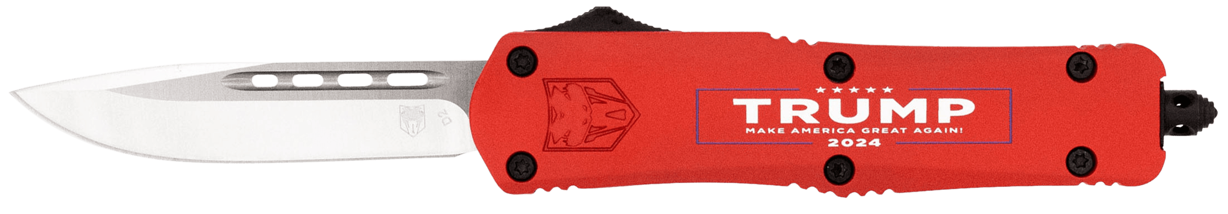 CobraTec Knives MTRP24REDDNS FS-3 Trump 2024 Medium OTF Drop Point Plain Satin D2 Steel Blade, 4.50" Red w/Trump, Make America Great Again Aluminum Cerakoted Handle