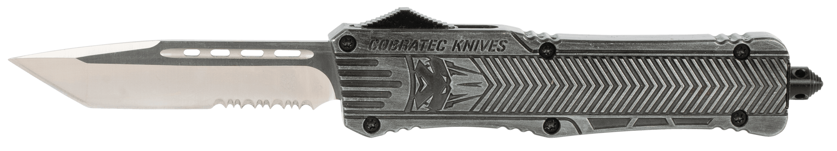 CobraTec Knives LSWCTK1LTS CTK-1 Large 3.75" OTF Tanto Part Serrated D2 Steel Blade/ Stonewashed Aluminum Handle Features Glass Breaker Includes Pocket Clip