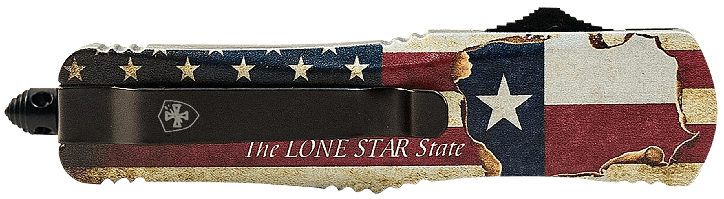 Templar Knife LTX631 Texan Gen II Large 3.50" OTF Drop Point Part Serrated Black Oxide Stonewashed 440C SS Blade/5.25" Texas Flag Aluminum Handle Features Glass Breaker Includes Pocket Clip/Sheath