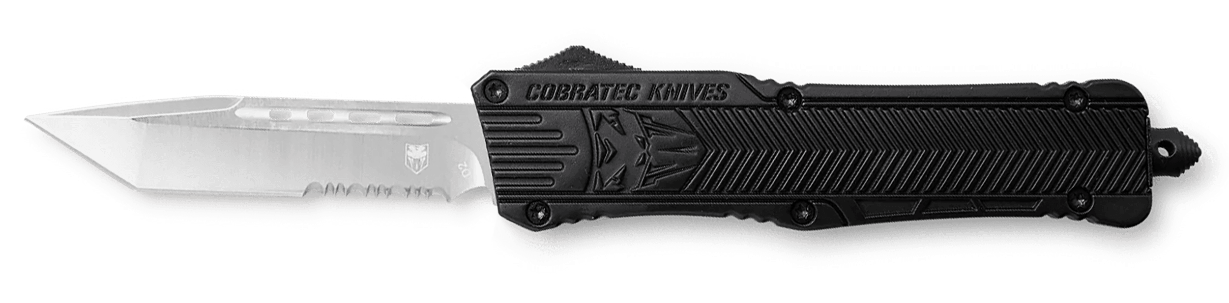 CobraTec Knives LBCTK1LTS CTK-1  Large 3.75" OTF Tanto Part Serrated D2 Steel Blade/Black Aluminum Handle Features Glass Breaker Includes Pocket Clip