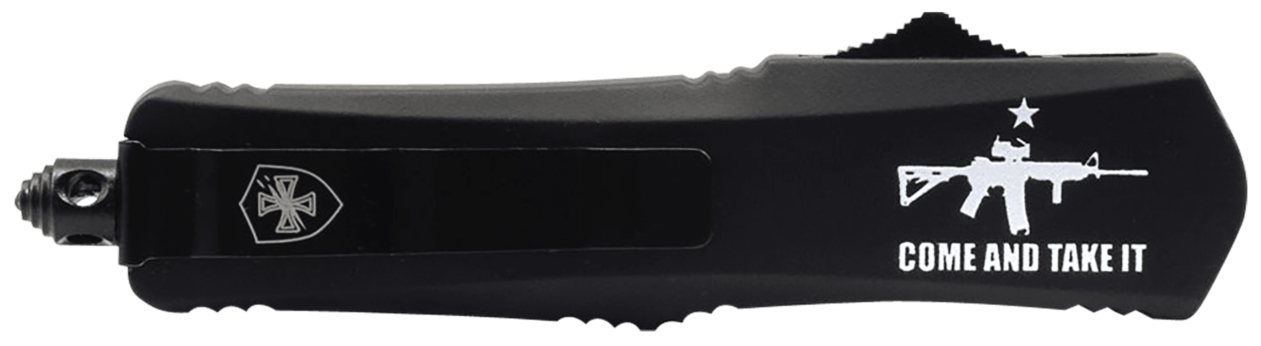 Templar Knife SAR15531 Come And Take It AR-15 Gen II Small 2.69" OTF Tanto Part Serrated Black 440C SS Blade, 4.31" Black w/"Come And Take It" AR-15 Gun Aluminum Handle, Includes Pocket Clip/Sheath