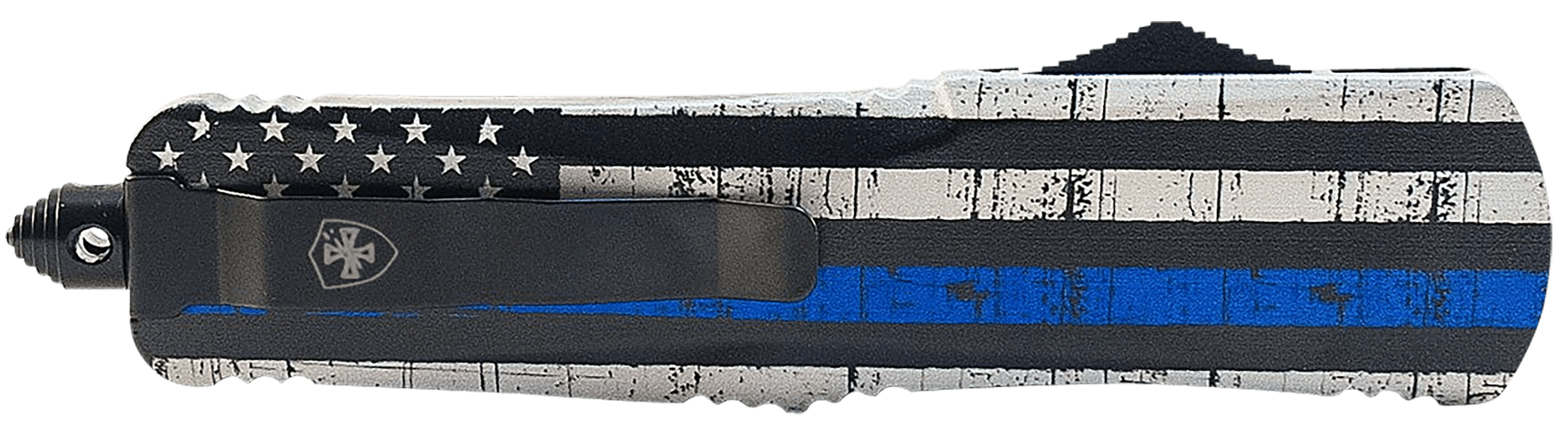 Templar Knife LBTB131 Back The Blue Gen II Large 3.50" OTF Dagger Plain Black 440C SS Blade Blue/White/Black Zinc Aluminum Alloy Handle Features Glass Breaker/Pocket Clip