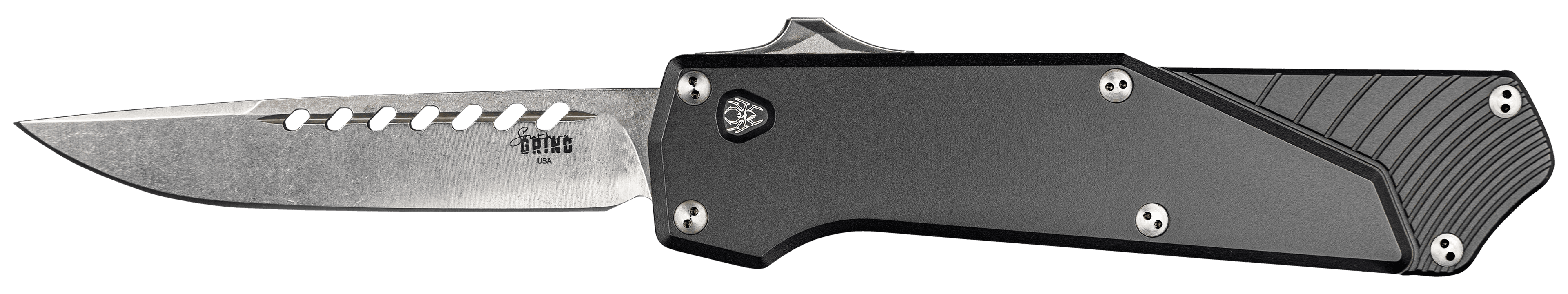 Southern Grind SG12030020 Arachnid  3.20" OTF Drop Point Plain Satin PVD Coated S35VN SS Blade, Black Aluminum Handle Features Blood Groove on Blade
