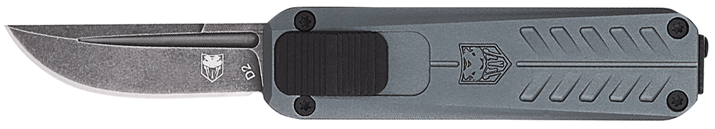 CobraTec Knives CALI928SBGRYDNS California 928SB 1.75" OTF Drop Point Plain Stonewashed D2 Steel Blade/ Gray Anodized Aluminum Handle Includes Pocket Clip/Pouch