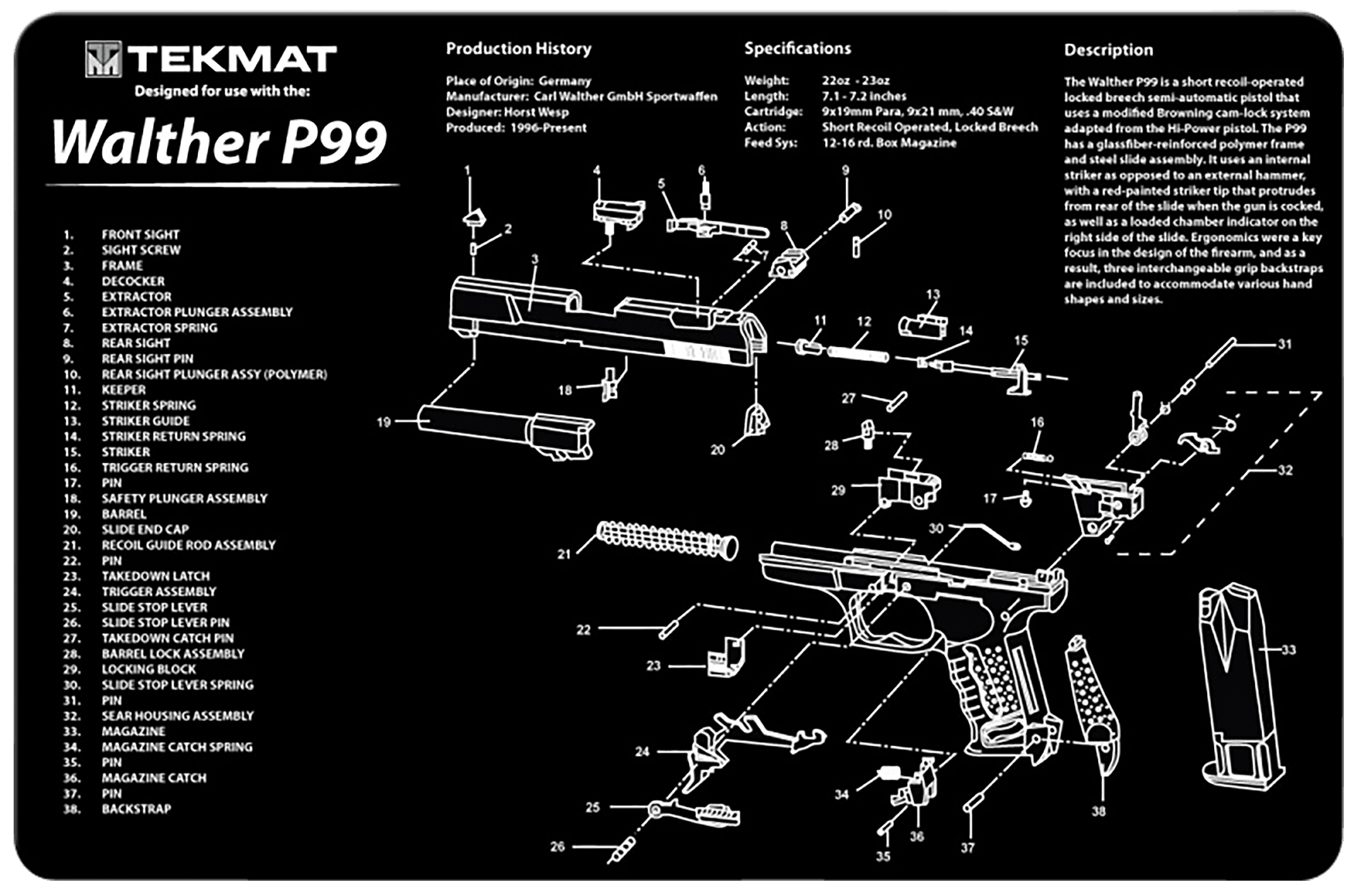 TekMat TEKR17WALP99 Walther P99 Cleaning Mat Walther P99 Parts Diagram 11" x 17"