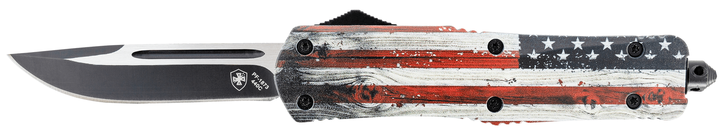 Templar Knife LWUS331 Wood US Flag Gen II Large 3.50" OTF Drop Point Plain US Flag Painted Wood Grain Aluminum Handle Features Glass Breaker/Pocket Clip