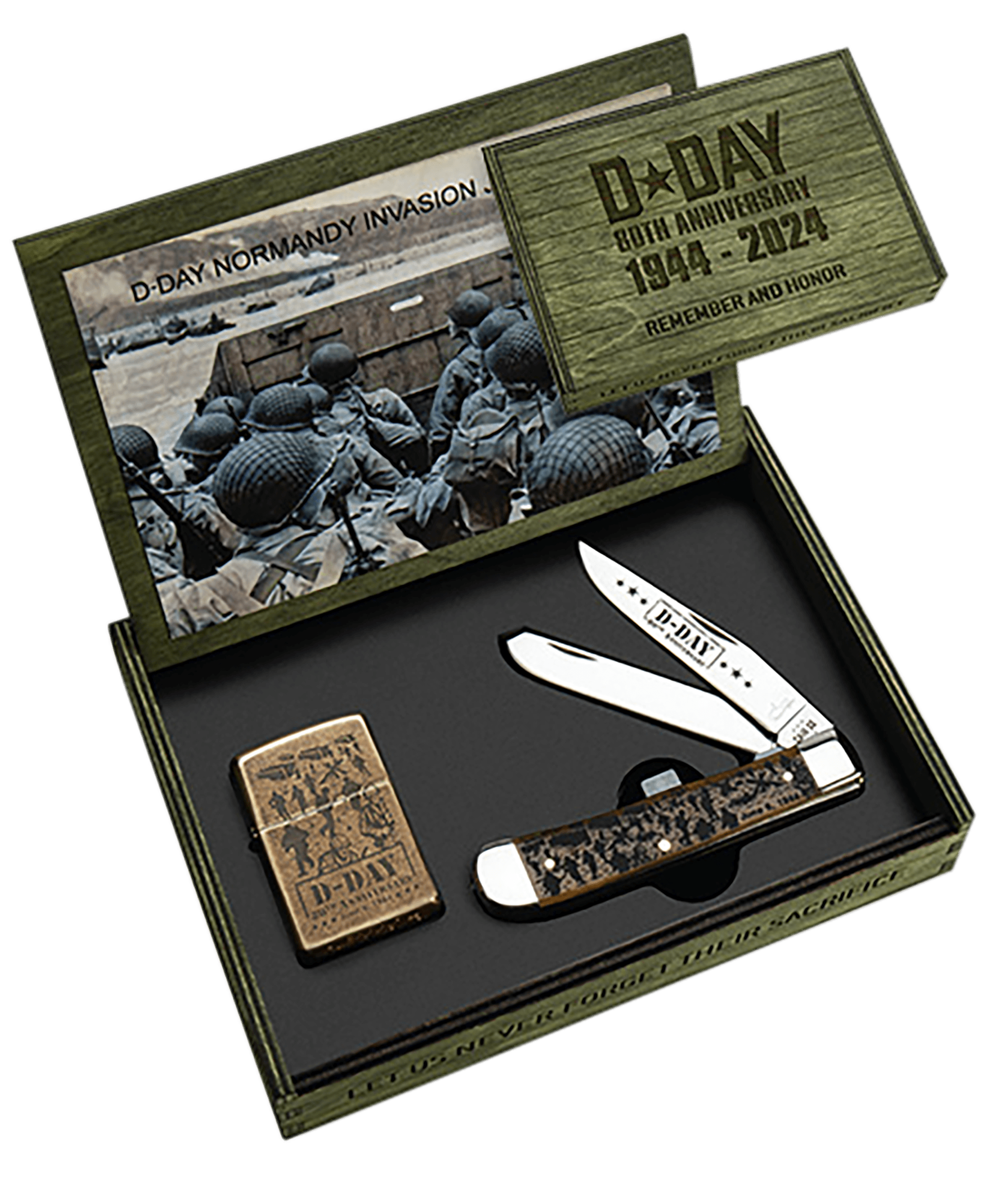Case 52019 D Day 80th Anniversary 3.25"/3.27" Folding Clip Point/Spey Plain Mirror Polished Tru-Sharp SS Blade Smooth Antique Bone Handle