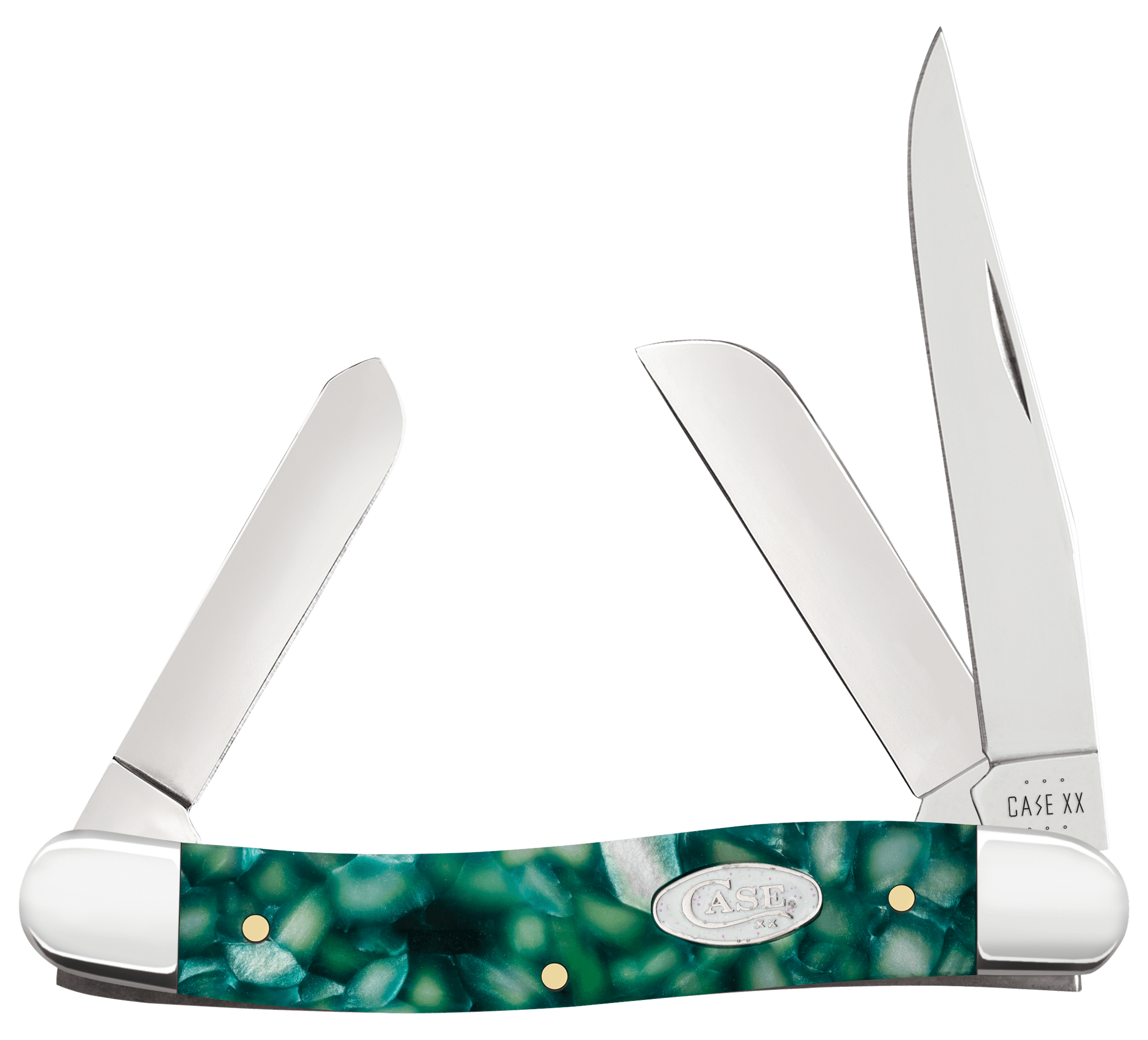 Case 71382 SparXX Stockman Medium Folding Clip Point/Sheepsfoot/Spey Plain Mirror Polished Tru-Sharp SS Blade/ Green Kirinite Handle