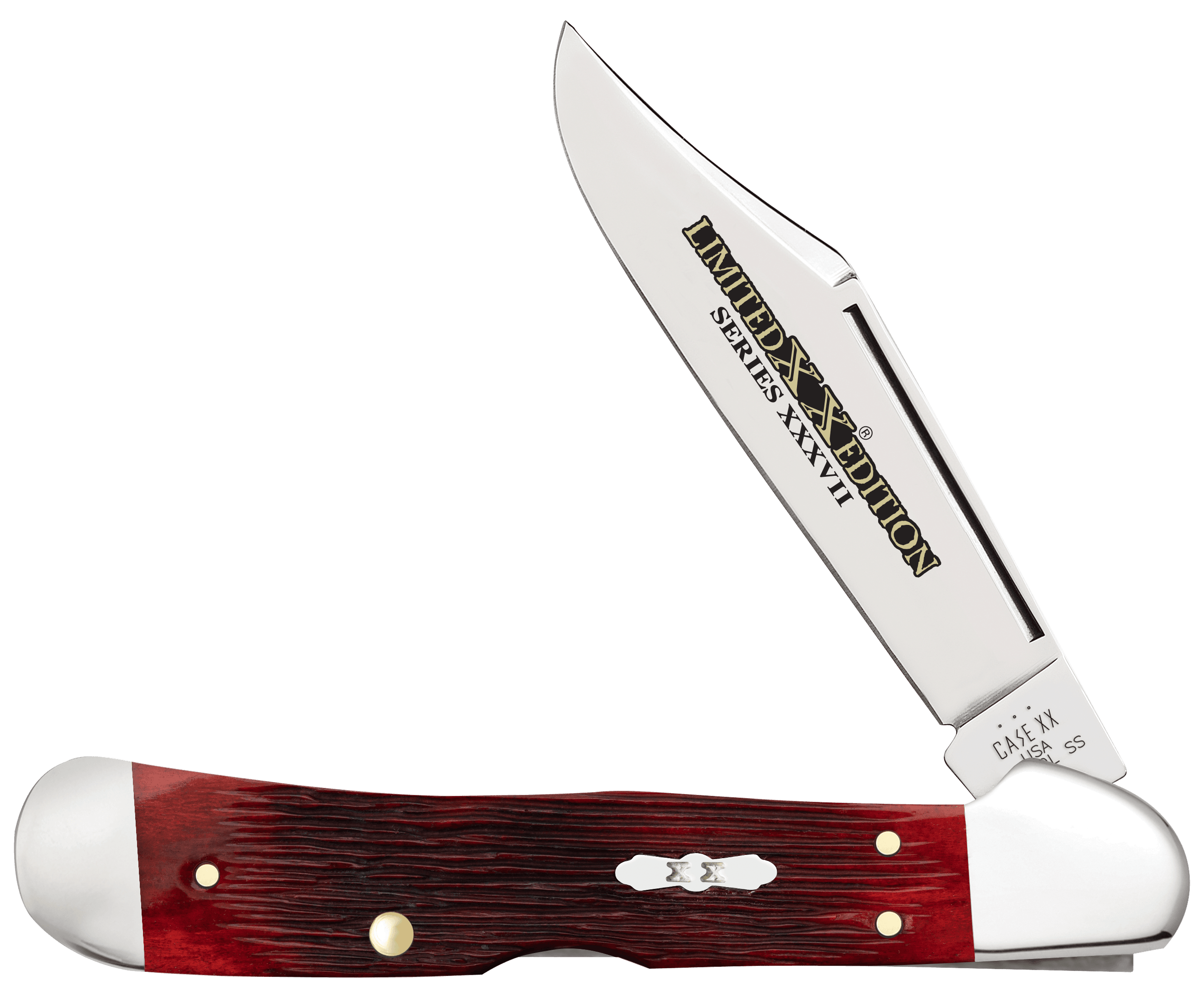 Case 12213 Limited Edition XXXVII CopperLock Folding Locking Clip Point Plain Mirror Polished w/Engraving Tru-Sharp SS Blade/ Old Red Barnboard Jig/SS Stag Bone/Nickle Handle                          