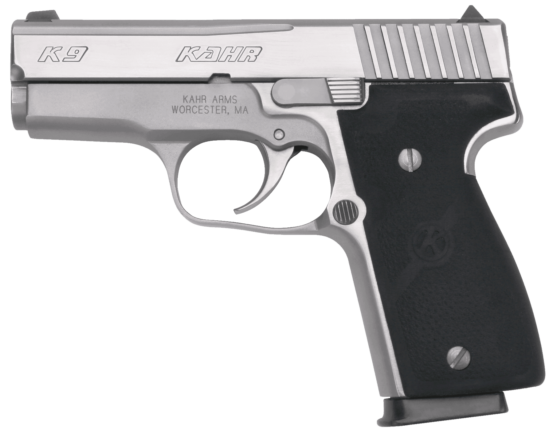 Kahr Arms K9098A K Elite 9mm Luger Caliber with 3.50" Barrel, 7+1 or 8+1 Capacity, Overall Polished Stainless Steel, Serrated Slide & Textured Wraparound Black Polymer Grip