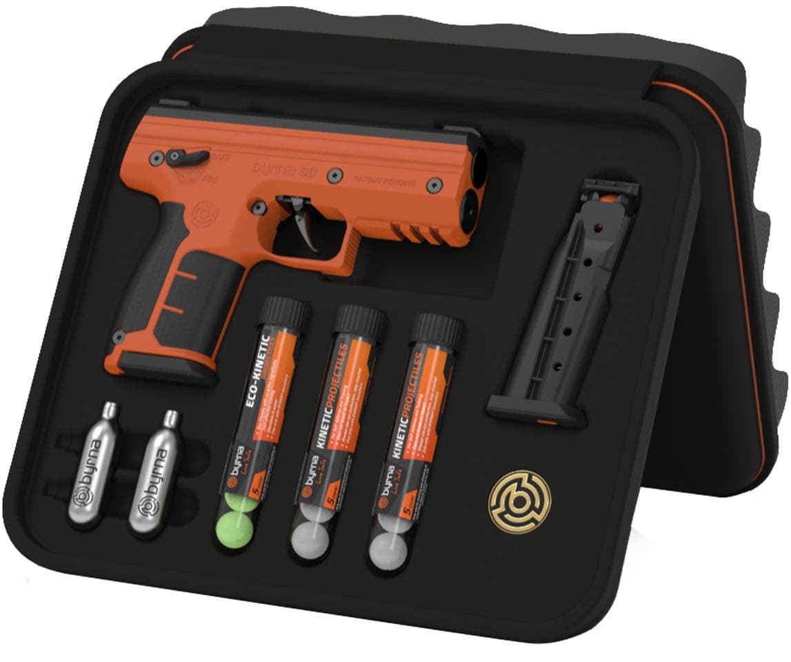 Byrna Technologies SK68300ORNKINETIC SD Kinetic Kit CO2 .68 Cal 5rd, Orange Polymer, Black Rubber Honeycomb Grip, C02 & 15 Projectiles Included