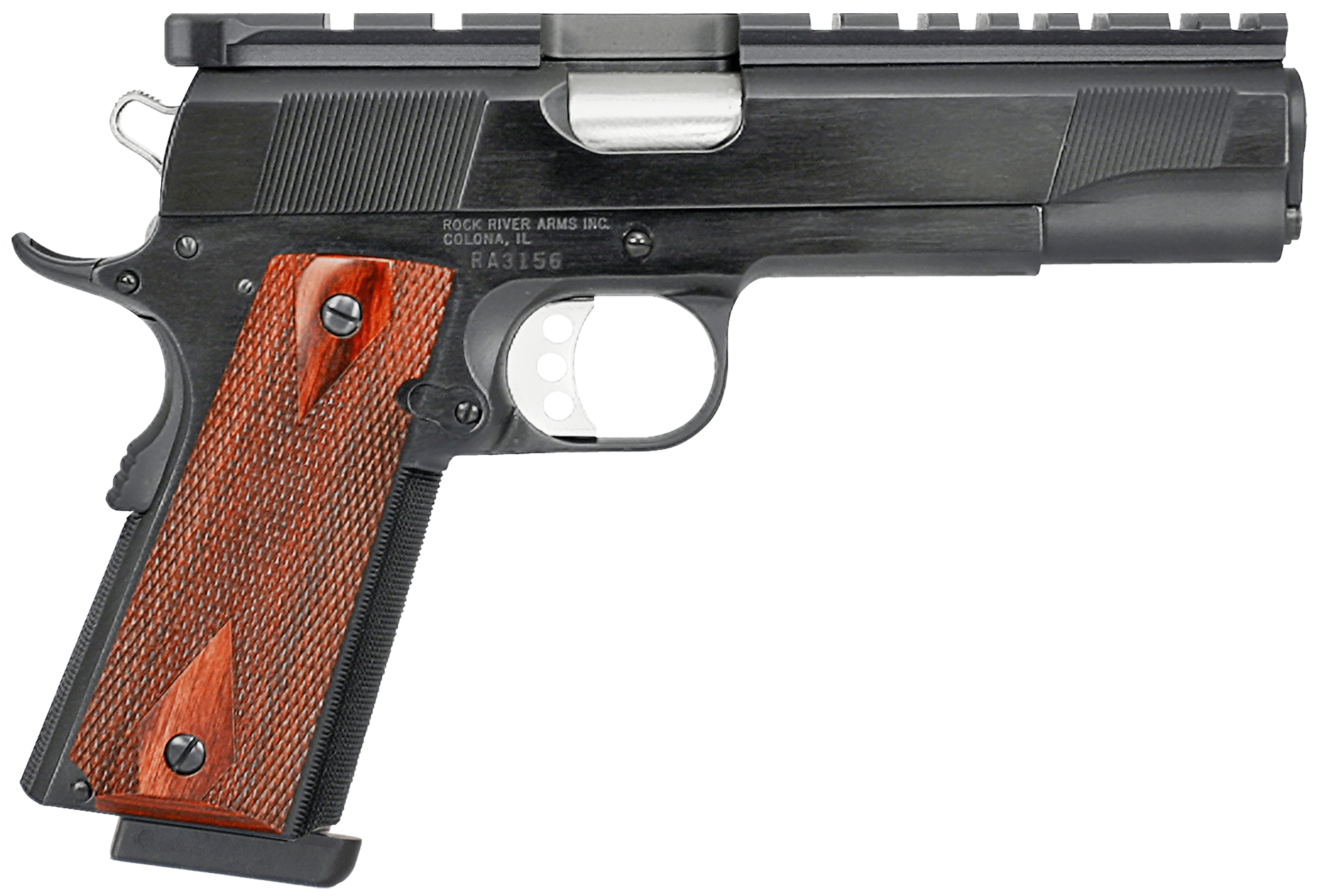 Rock River Arms PS2100 PS2100 Bullseye Wadcutter 45 ACP 8+1 5" Stainless Steel Barrel, Blued RRA Mount/Serrated Steel Slide, Blued Steel w/Beavertail Frame, Rosewood Grip