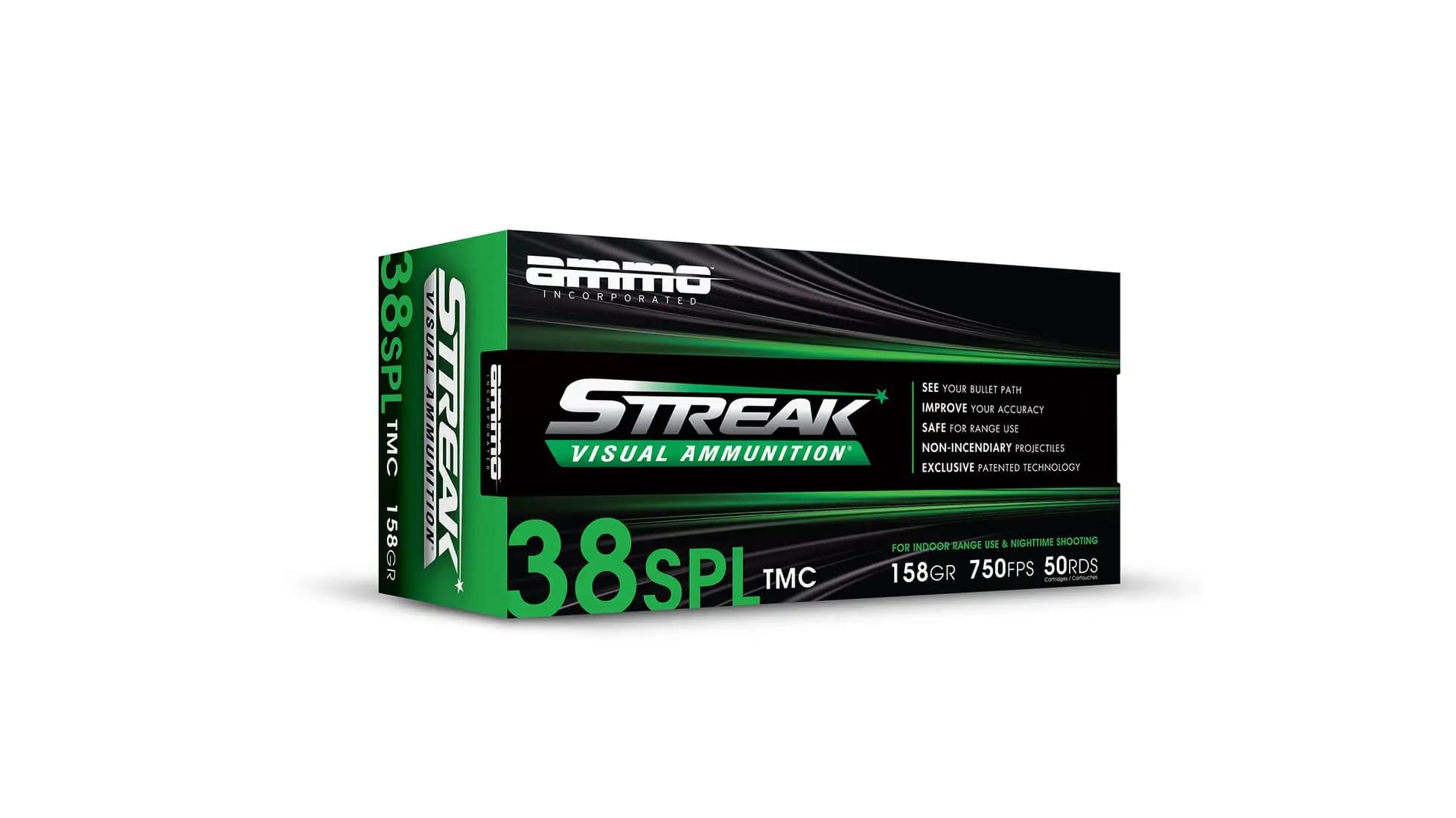 Ammo Inc 38158TMCSTRKGRN50 Streak Visual (GREEN)  38Special 158gr Total Metal Case 50 Per Box/20 Case