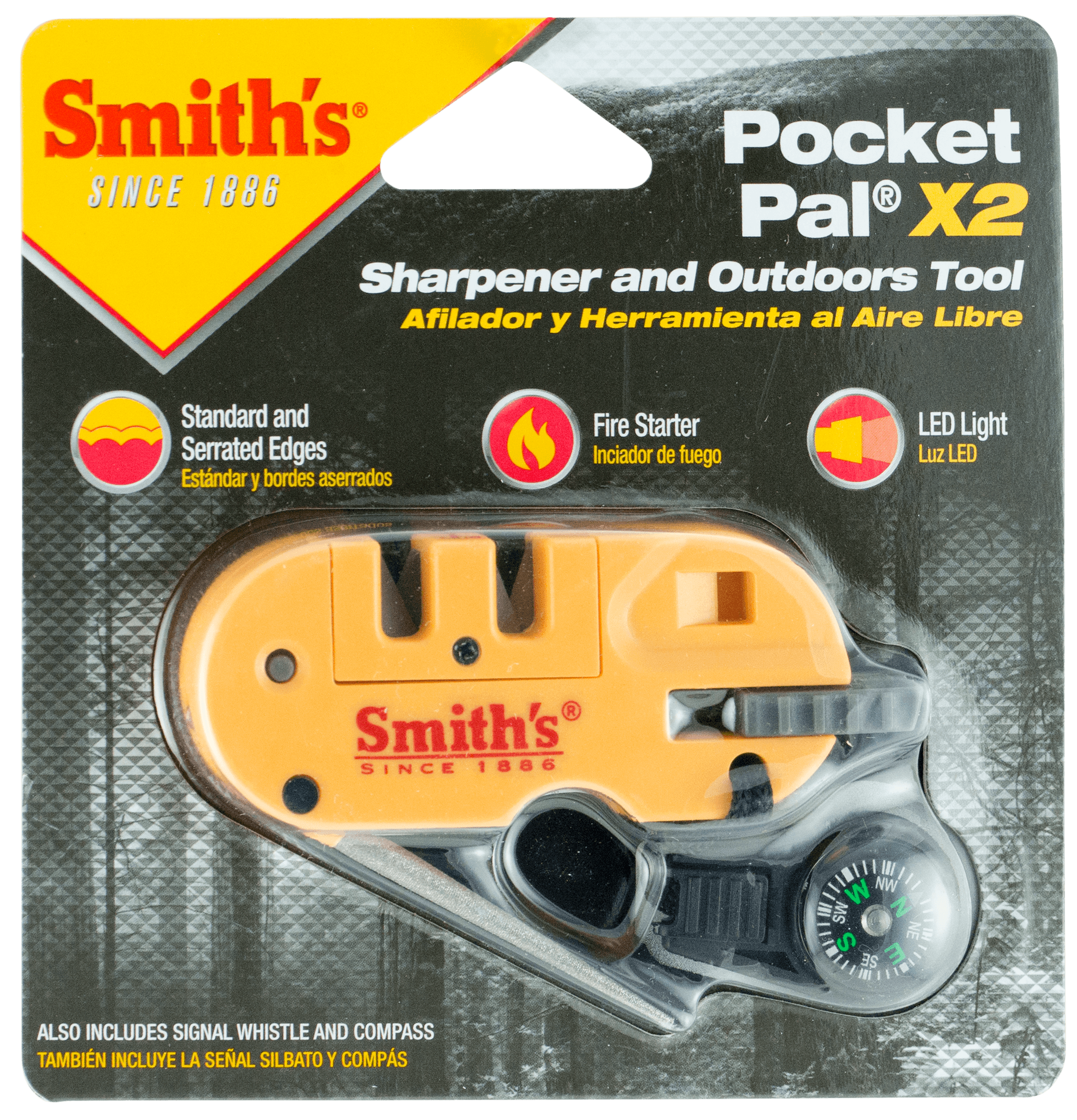 Smiths Products 50364 Pocket Pal X2 Sharpener and Outdoor Tool Hand Held Fine/Medium/Coarse Carbide, Ceramic, Diamond Sharpener Plastic Handle Yellow