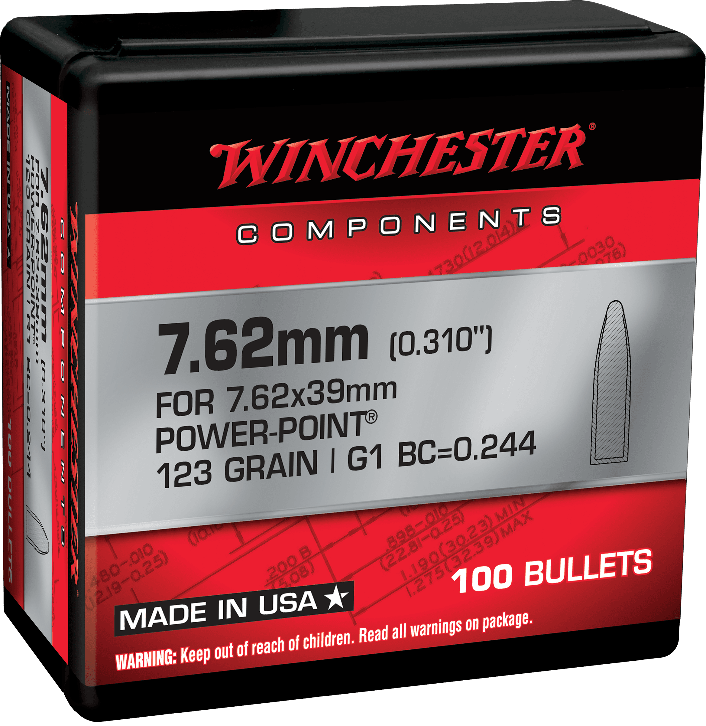 Winchester Ammo WB762P123X Centerfire Rifle  7.62mm 123gr Power Point 100 Per Box/10 Case