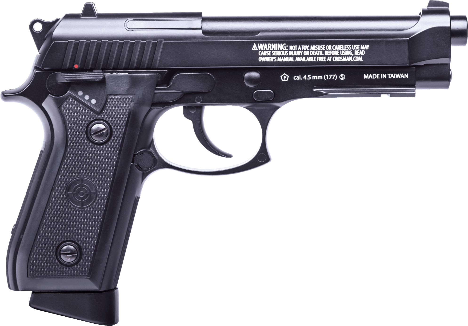 Crosman PFAM9B Full Auto Air Pistol CO2 177 BB 20rd Smooth Bore Brass Barrel, Blow Back Action, Fixed Front/Notched Rear Sights, Full Metal Frame, Black Polymer Grips, Selector Safety