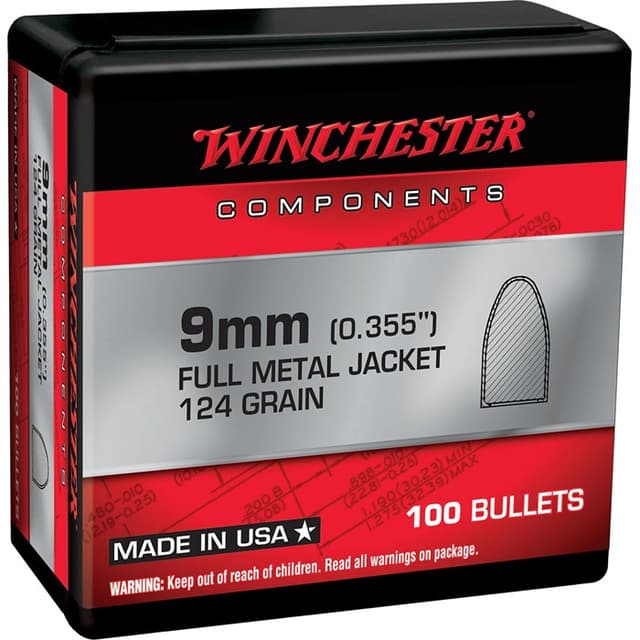 Winchester Ammo WB9MC124X Centerfire Handgun Reloading 9mm 124gr Full Metal Jacket 100 Per Box/10 Case