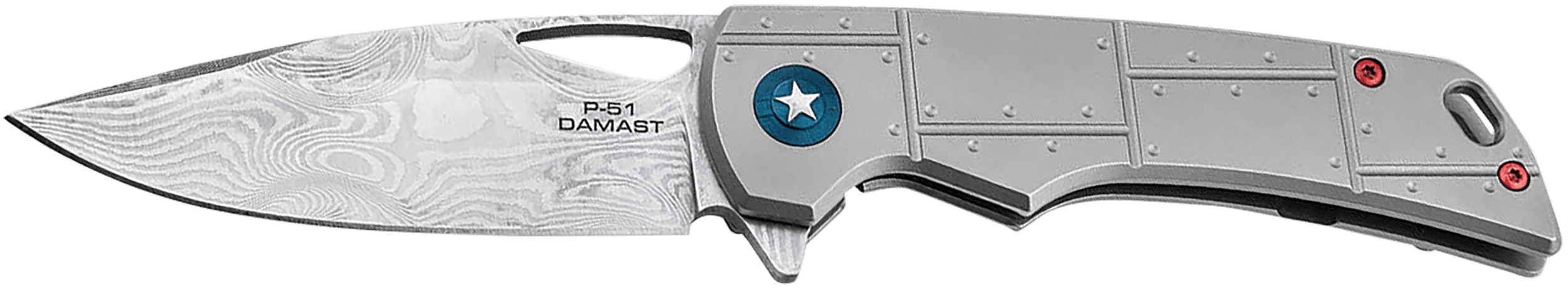 Boker 01BO910DAM P-51 Damast  3.35" Drop Point Plain Silver Acid Etch Damascus Blade Titanium Handle