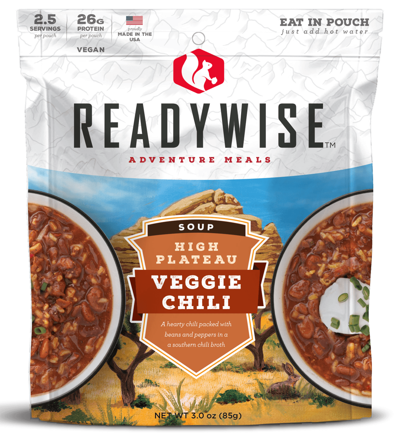 ReadyWise RW05011 Outdoor Food Kit High Plateau Veggie Chili Soup 2.5 Servings In A Resealable Pouch, 6 Per Case
