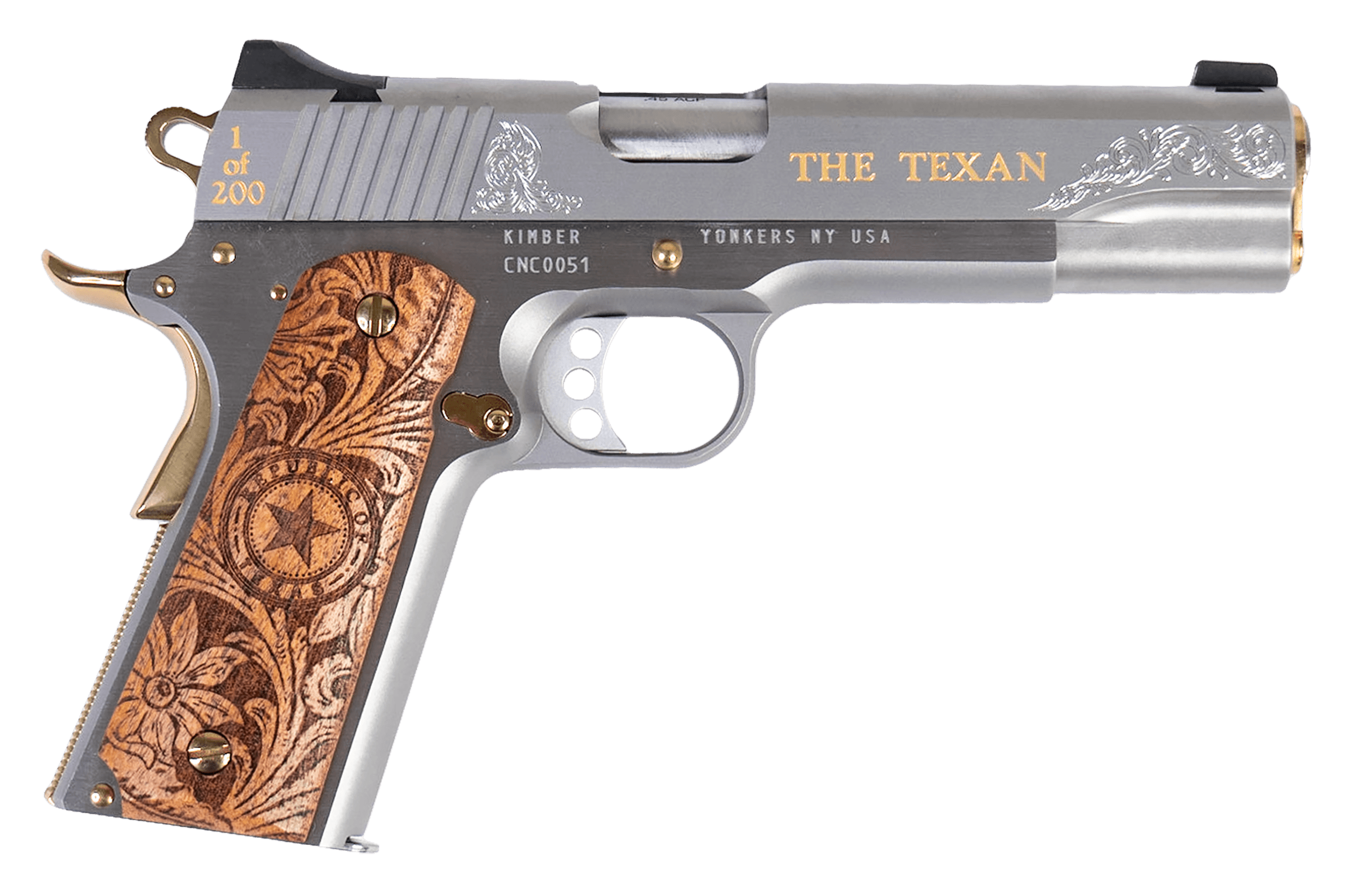 Cnc Firearms CNCTEX1911 1911 Texan  45 ACP 7+1 5" Stainless Texas Mesquite Grip